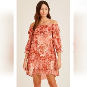 Revolve House Of Harlow 1960 Ruffled Shoulder Red Floral Mini Dress Size Small